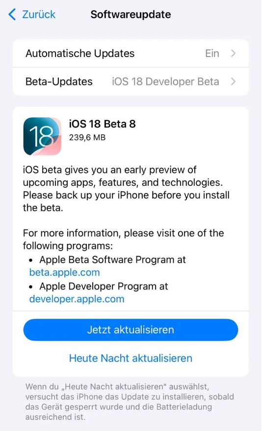 永顺苹果手机维修分享苹果 iOS / iPadOS 18 开发者预览版 Beta 8 发布 